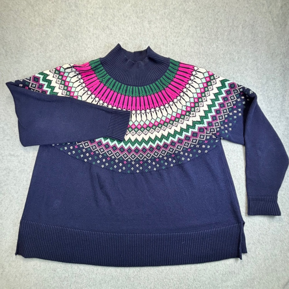 Crown & Ivy Fair Isle Mock Neck Sweater Navy Pink Green White Women's XL - Picture 2 of 8